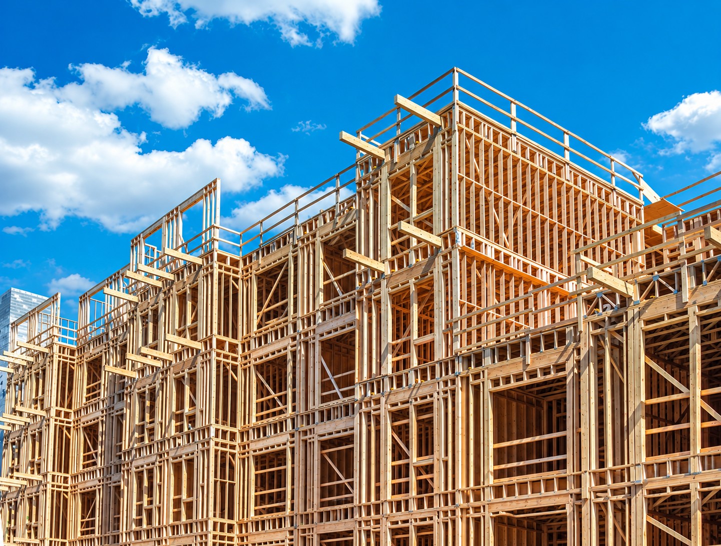 Low-rise building under construction with conventional 2×6 wood framing.